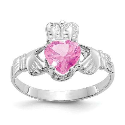14k White Gold October CZ Heart Birthstone Claddagh Ring
