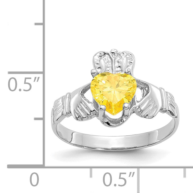 14k White Gold November CZ Heart Birthstone Claddagh Ring