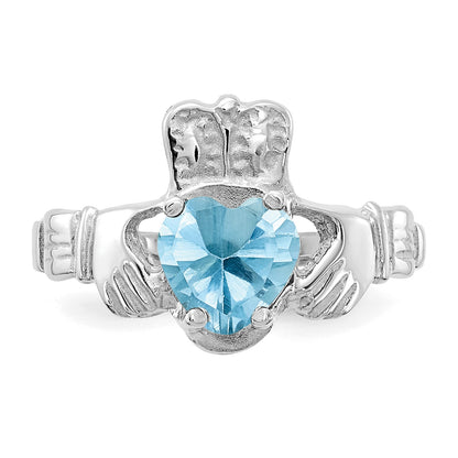 14k White Gold December CZ Heart Birthstone Claddagh Ring