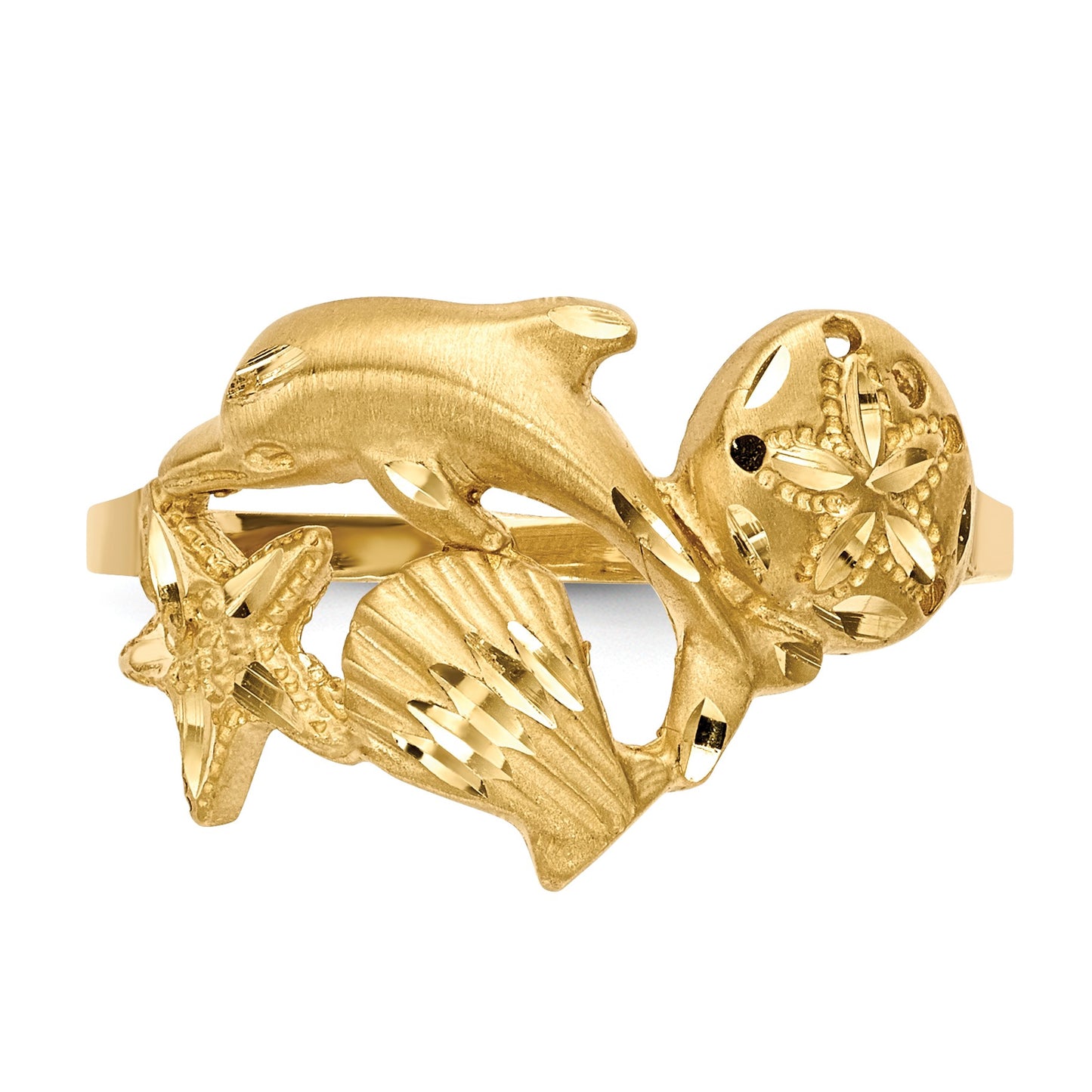 14k Polished and Satin Diamond-cut Dolphin/Starfish/Shell/Sand Dollar Ring