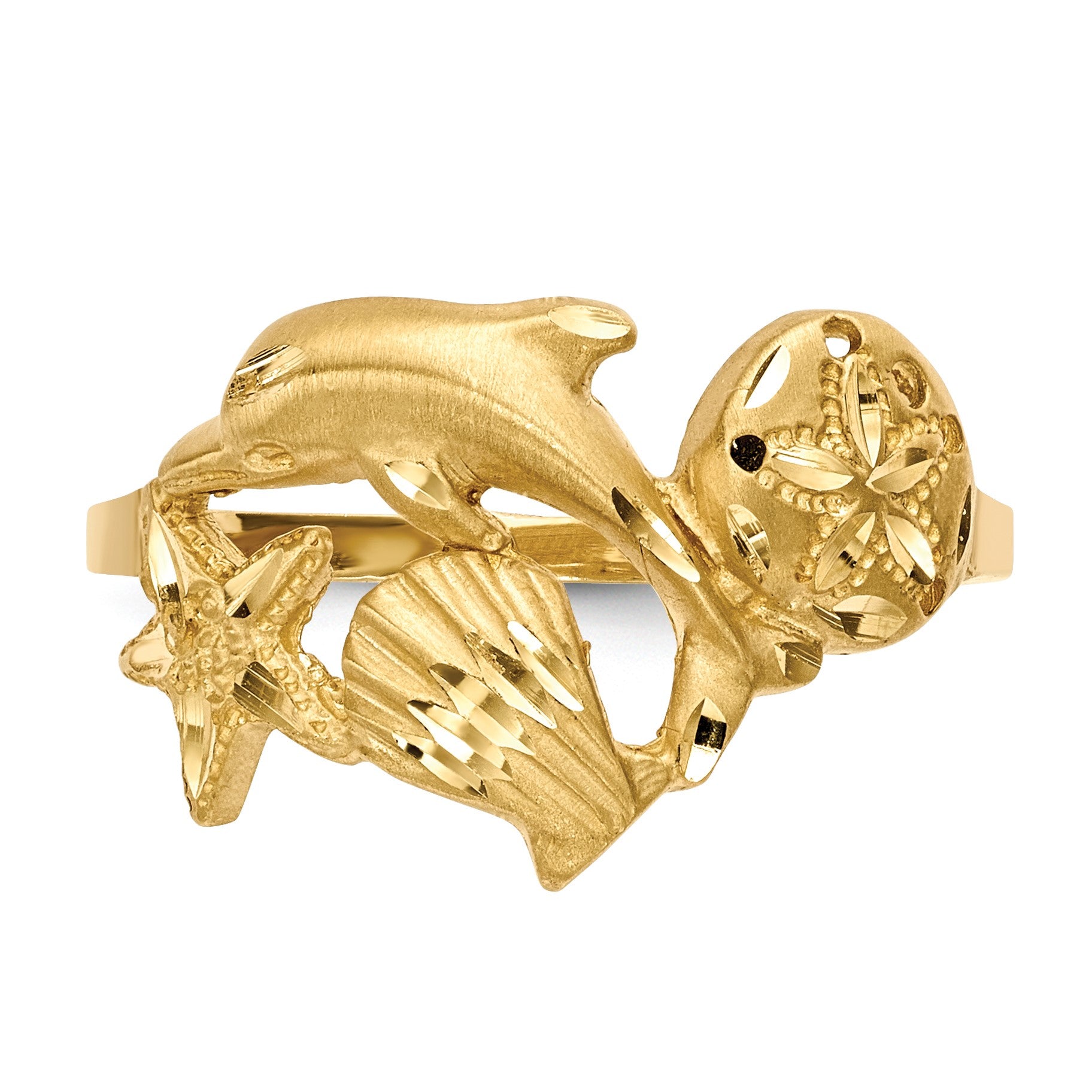 14k Polished and Satin Diamond-cut Dolphin/Starfish/Shell/Sand Dollar Ring