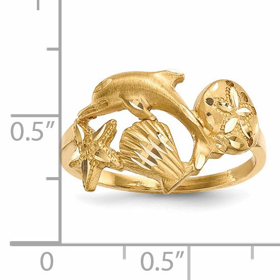 14k Polished and Satin Diamond-cut Dolphin/Starfish/Shell/Sand Dollar Ring