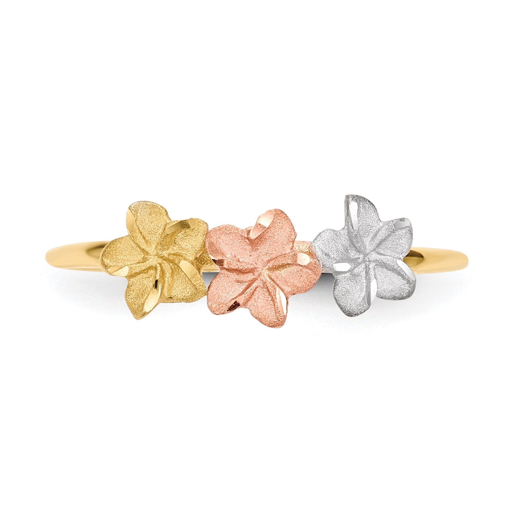 14k Two-tone with White Rhodium Polished and Satin 3 Plumeria Flowers Ring
