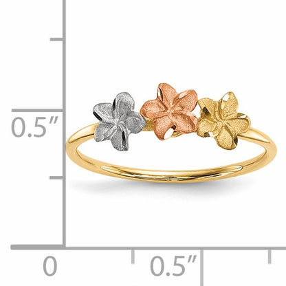 14k Two-tone with White Rhodium Polished and Satin 3 Plumeria Flowers Ring