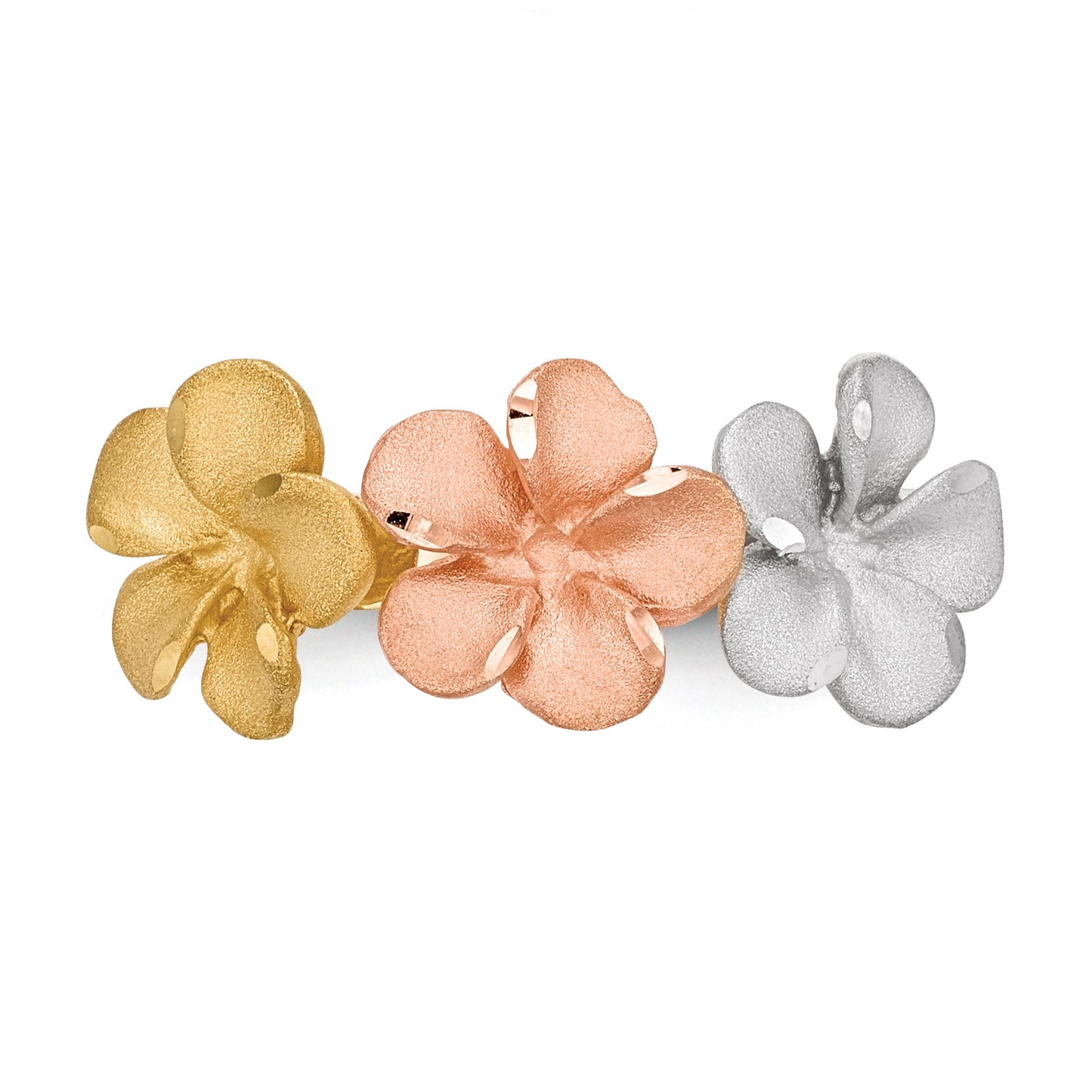 14k Two-tone with White Rhodium Satin Diamond-cut 3-Plumeria Flowers Ring