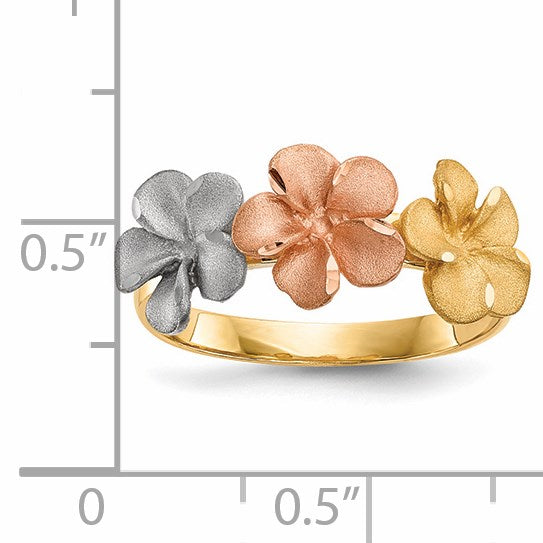 14k Two-tone with White Rhodium Satin Diamond-cut 3-Plumeria Flowers Ring