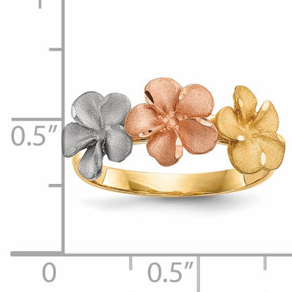 14k Two-tone with White Rhodium Satin Diamond-cut 3-Plumeria Flowers Ring