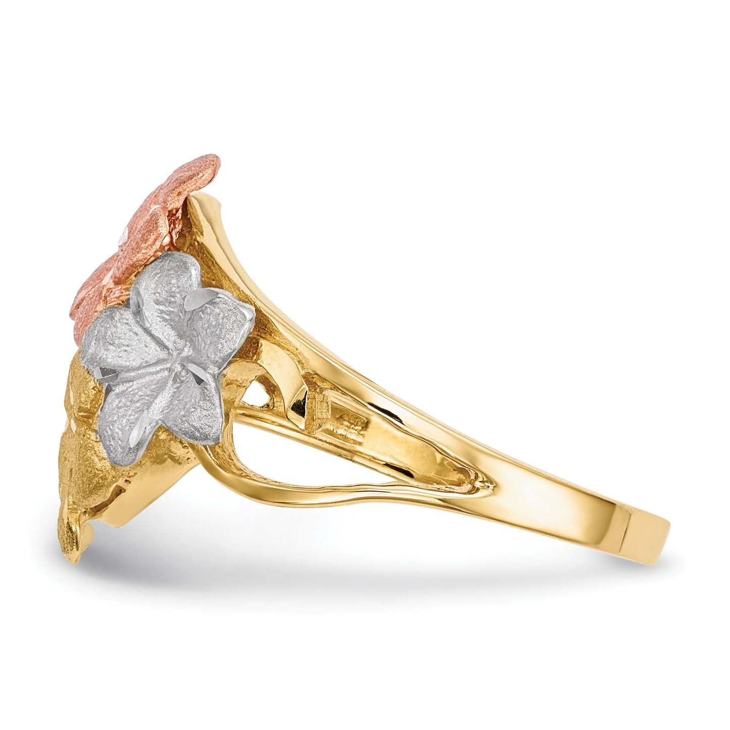 14k Two-tone with White Rhodium Polished and Satin Diamond-cut 4-Plumeria Flowers Ring