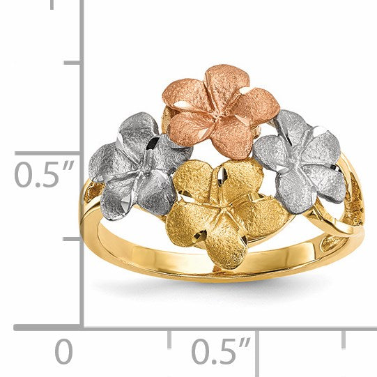 14k Two-tone with White Rhodium Polished and Satin Diamond-cut 4-Plumeria Flowers Ring