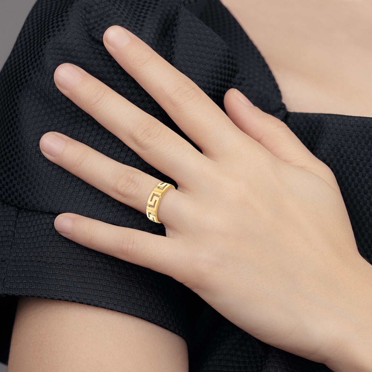14k Cut-out Greek Key Band with Tapered Shank Ring