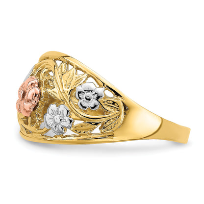14k Tri-Color with White Rhodium Floral Dome Ring