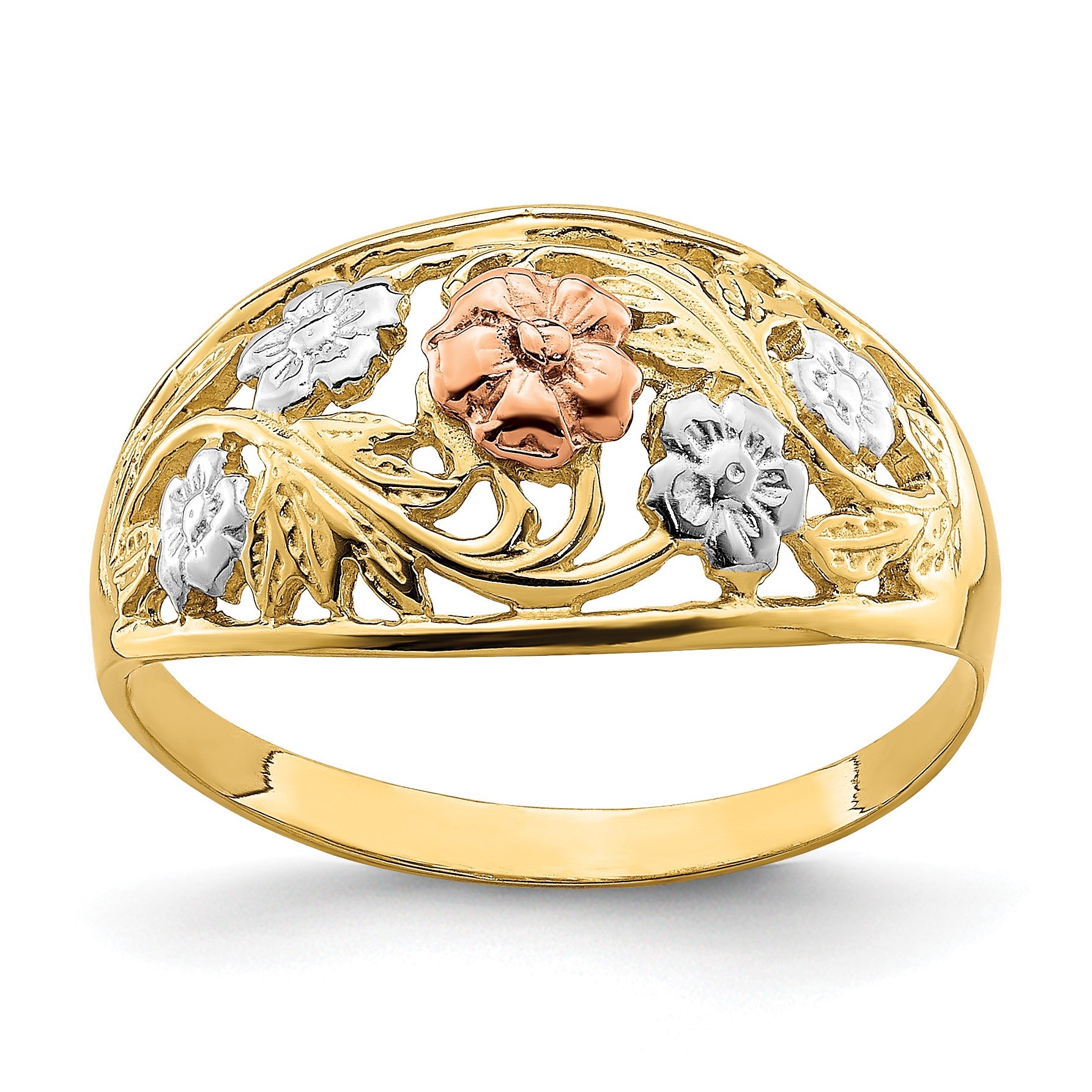 14k Tri-Color with White Rhodium Floral Dome Ring