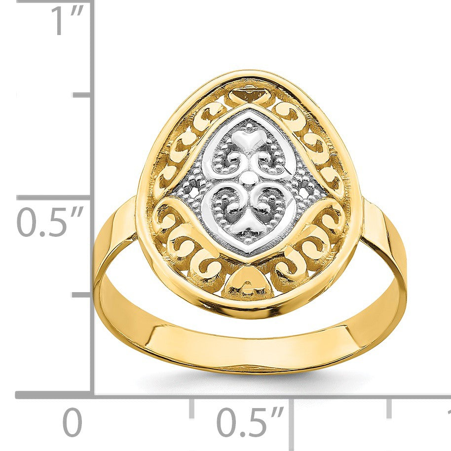 14k and White Rhodium Oval Shield and Hearts Ring
