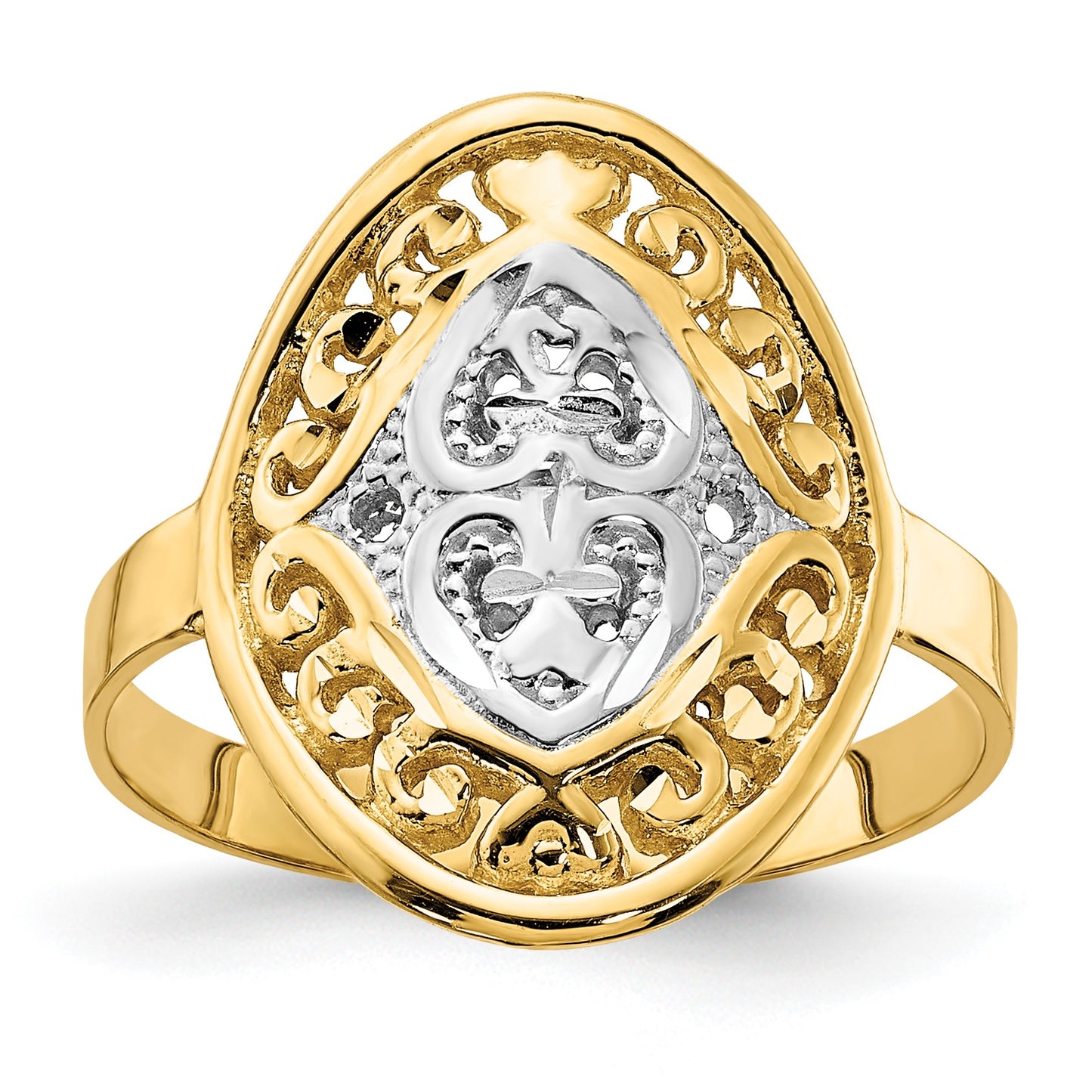 14k and White Rhodium Oval Shield and Hearts Ring