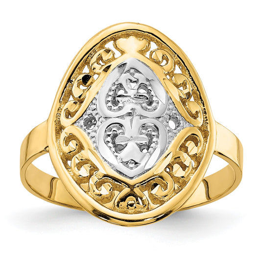 14k and White Rhodium Oval Shield and Hearts Ring