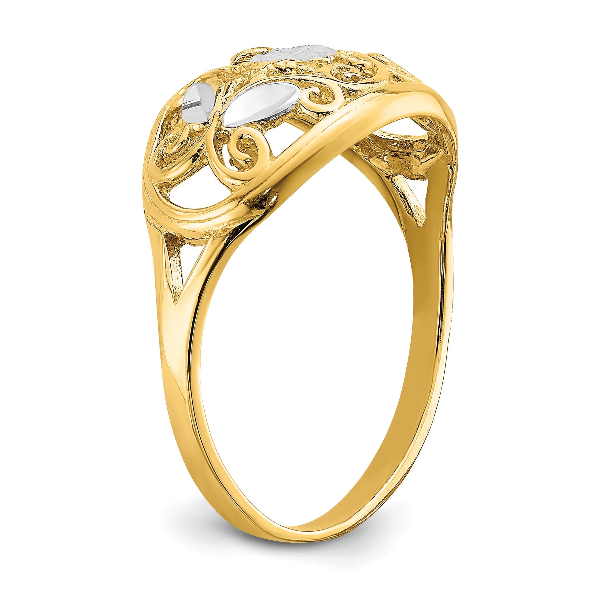 14K and White Rhodium Diamond-cut Oval Filigree Ring