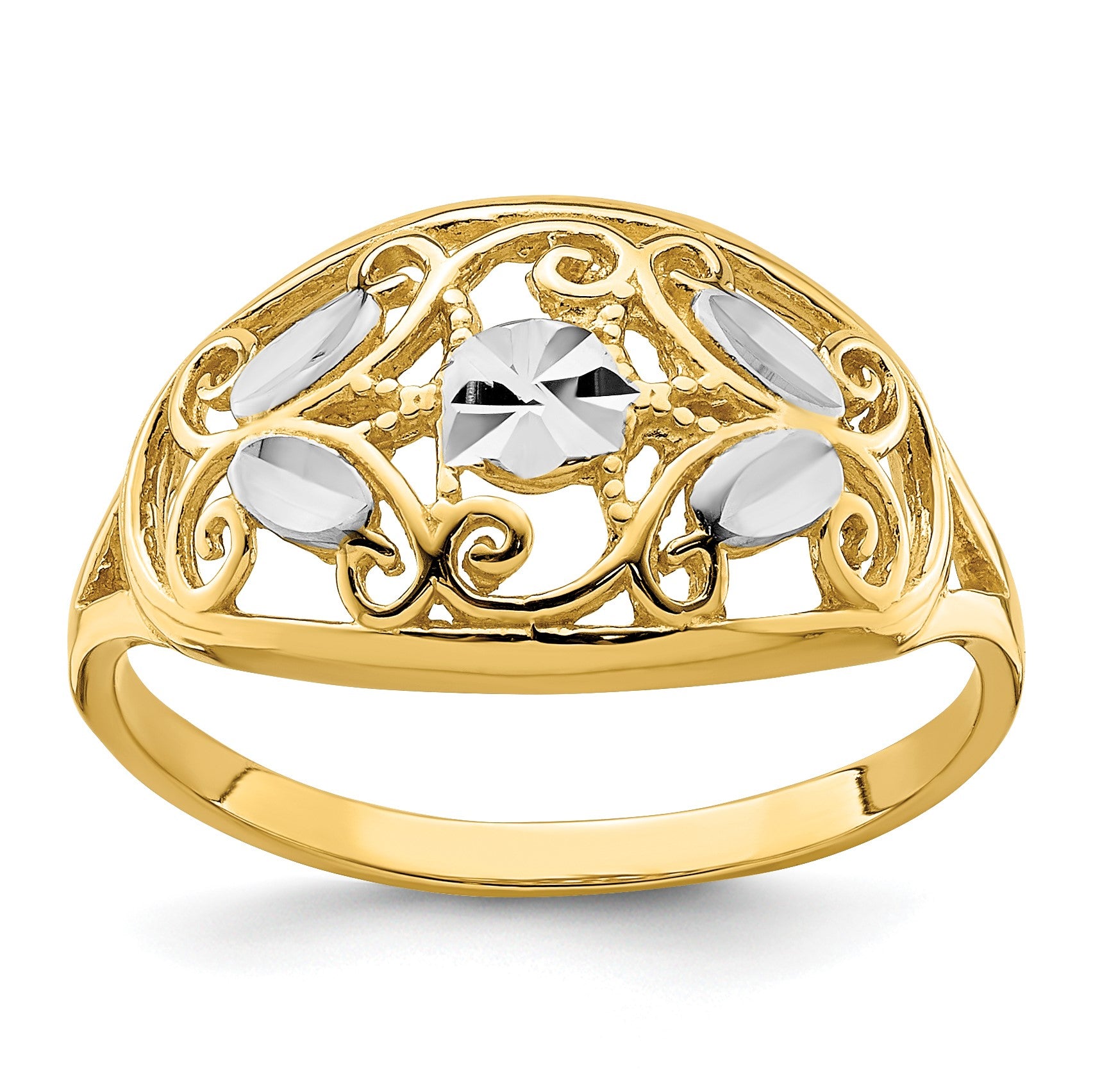 14K and White Rhodium Diamond-cut Oval Filigree Ring