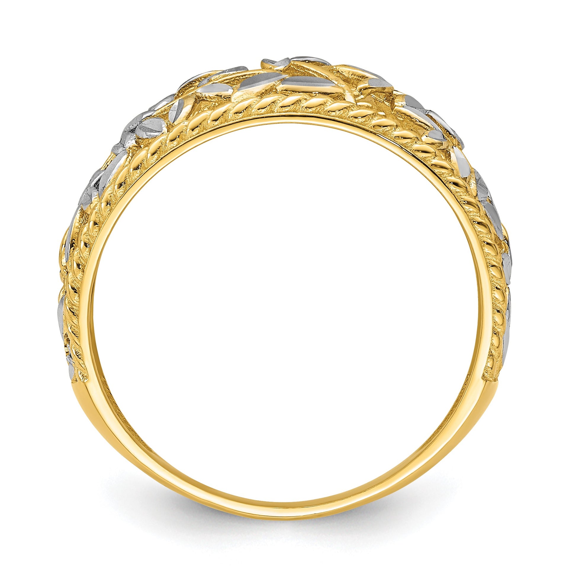 14k and White Rhodium Diamond-cut Filigree Leaf Ring