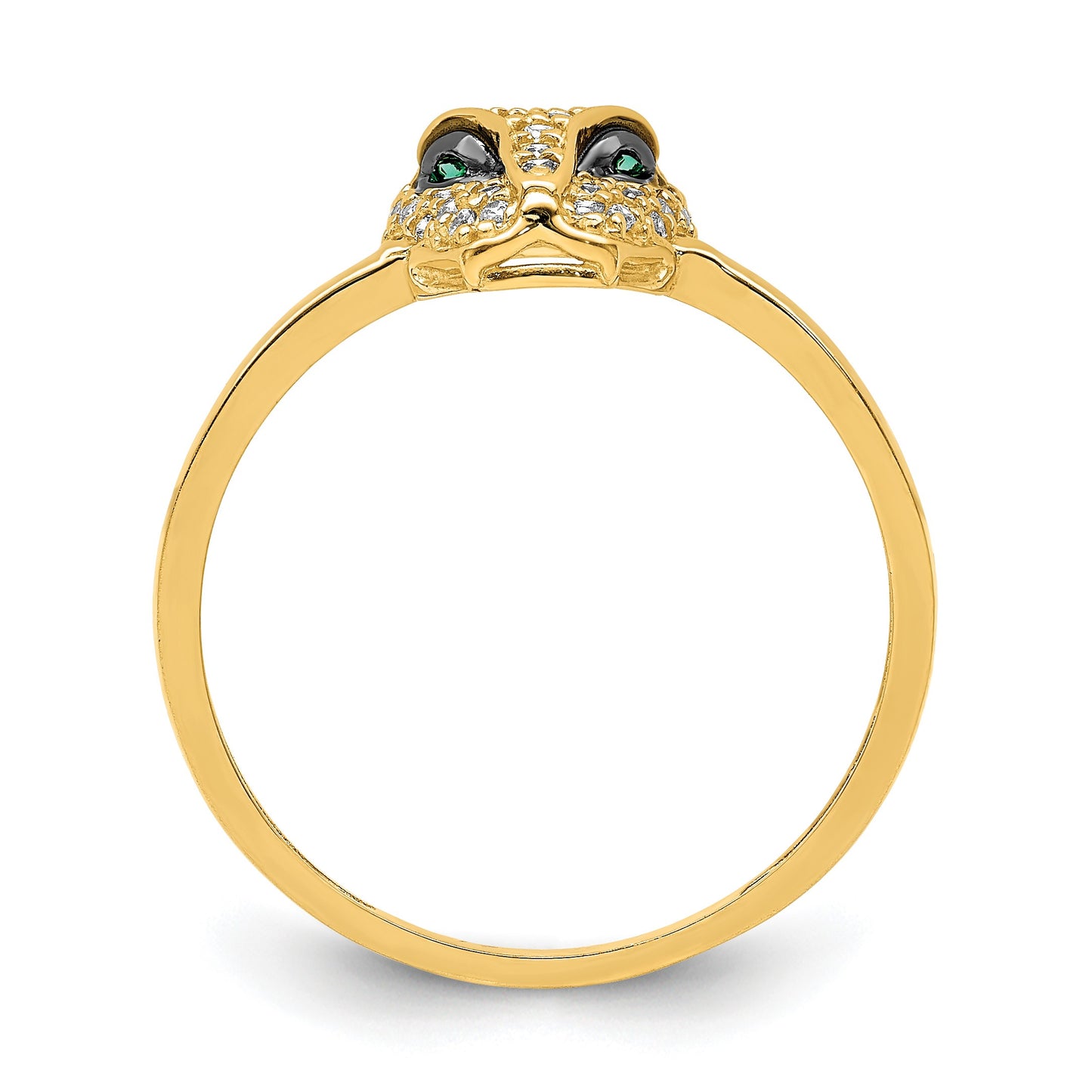 14K Polished Green and White CZ Lioness Head Ring