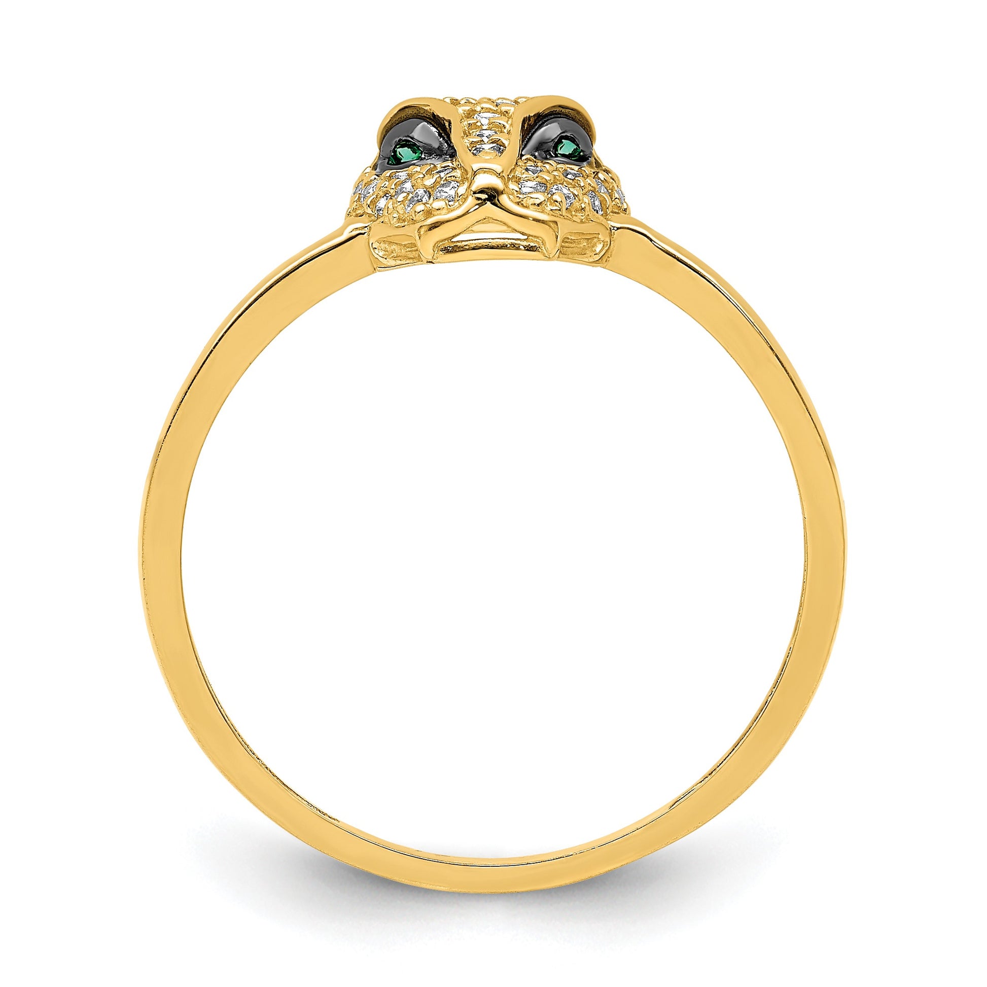 14K Polished Green and White CZ Lioness Head Ring