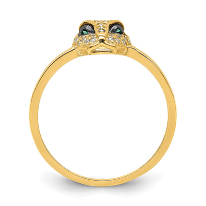 14K Polished Green and White CZ Lioness Head Ring