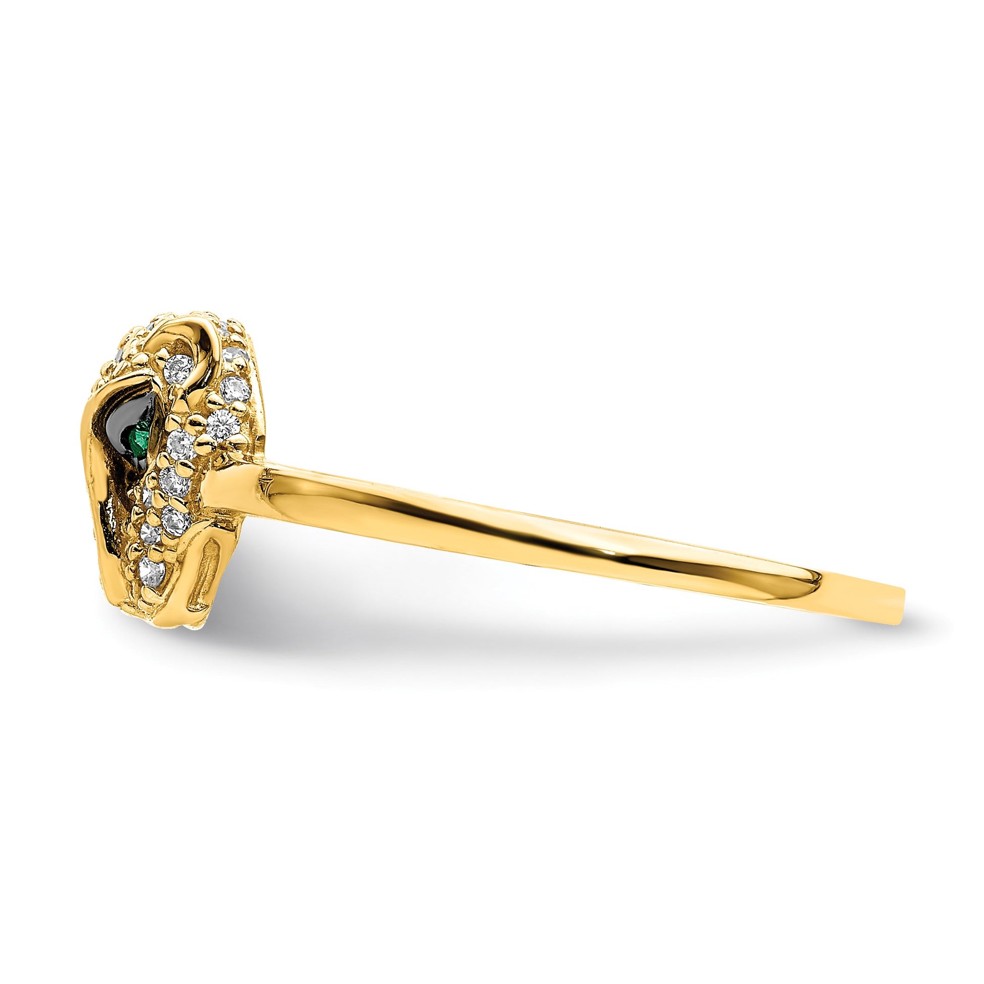 14K Polished Green and White CZ Lioness Head Ring