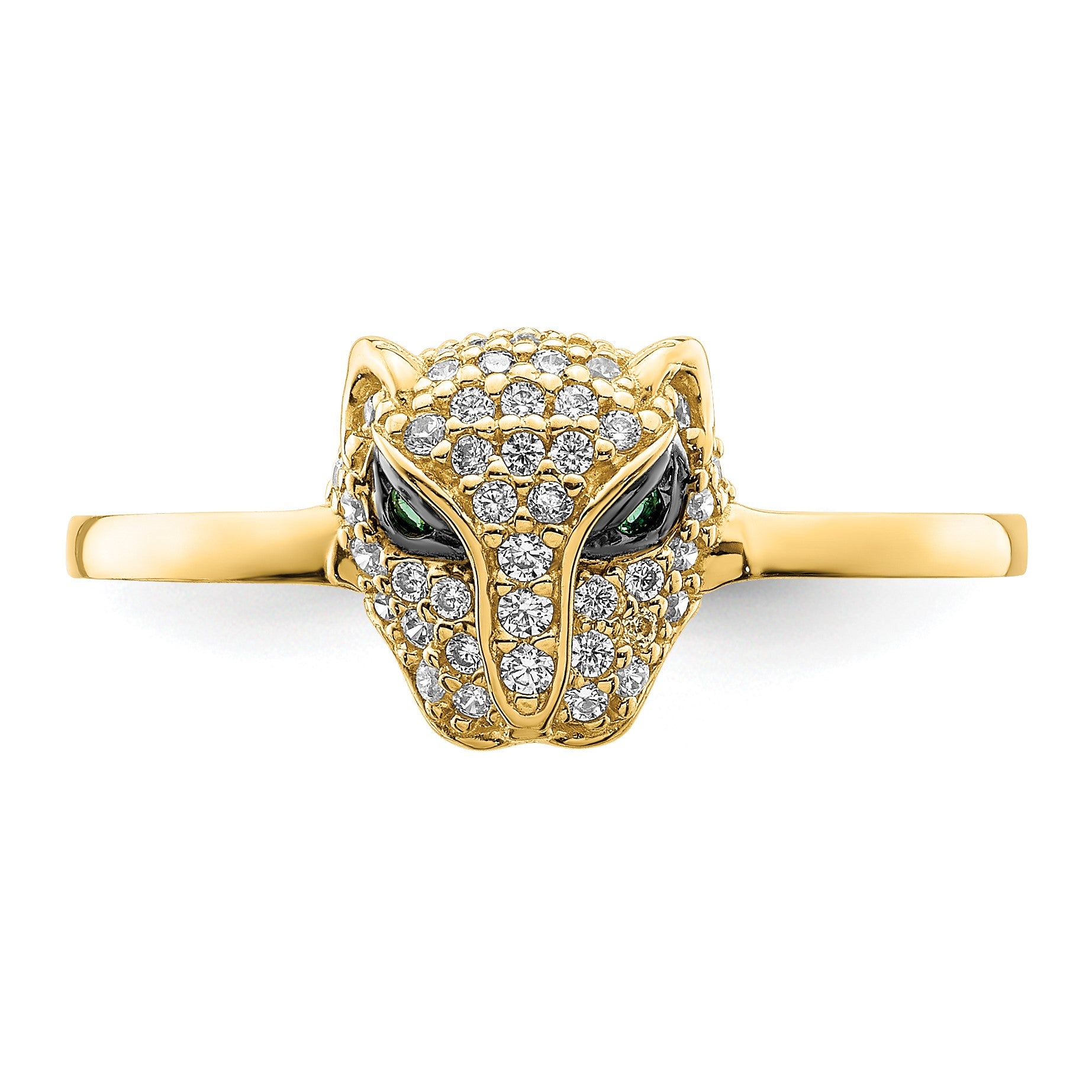 14K Polished Green and White CZ Lioness Head Ring