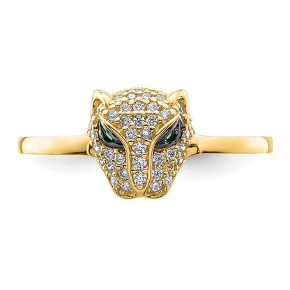 14K Polished Green and White CZ Lioness Head Ring
