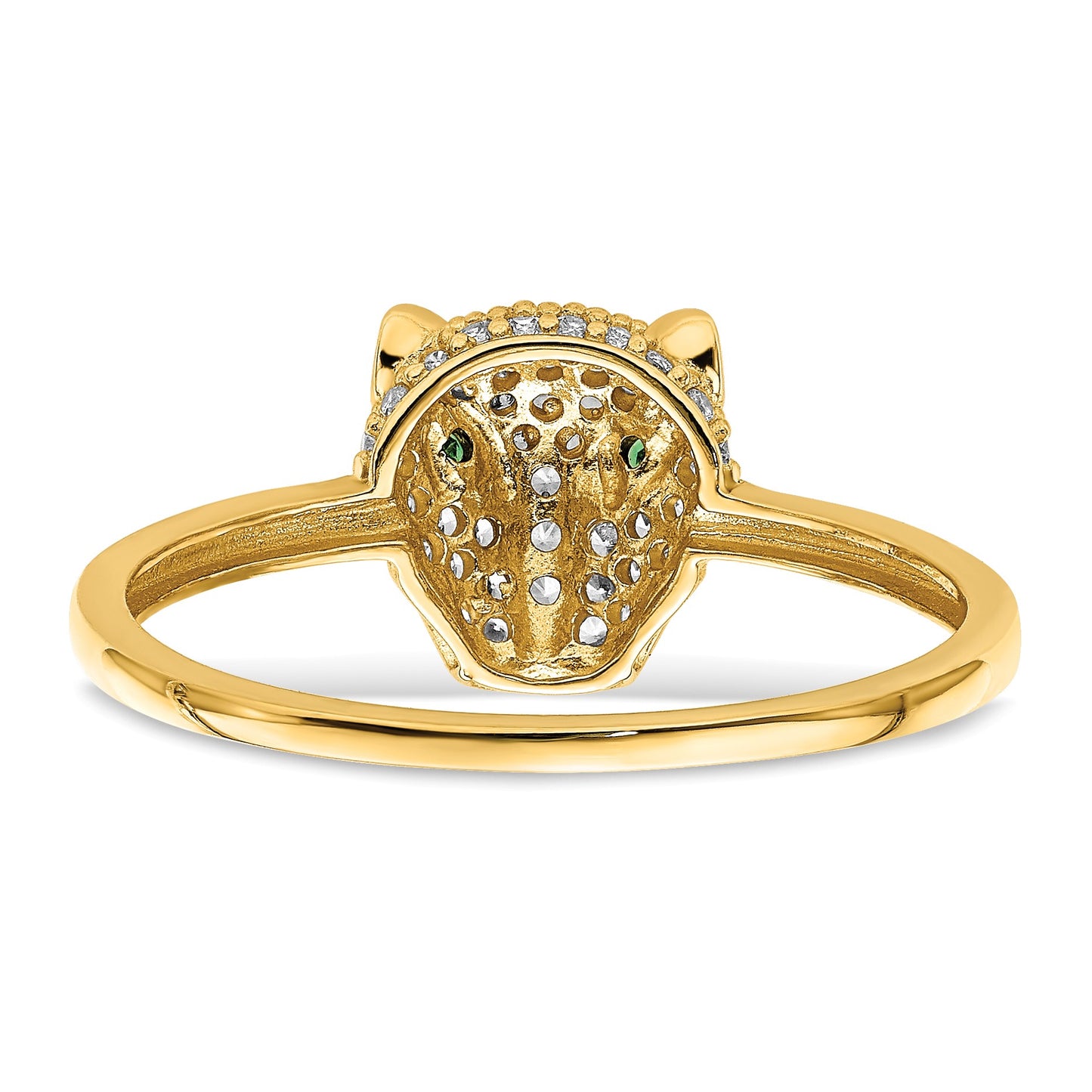 14K Polished Green and White CZ Lioness Head Ring