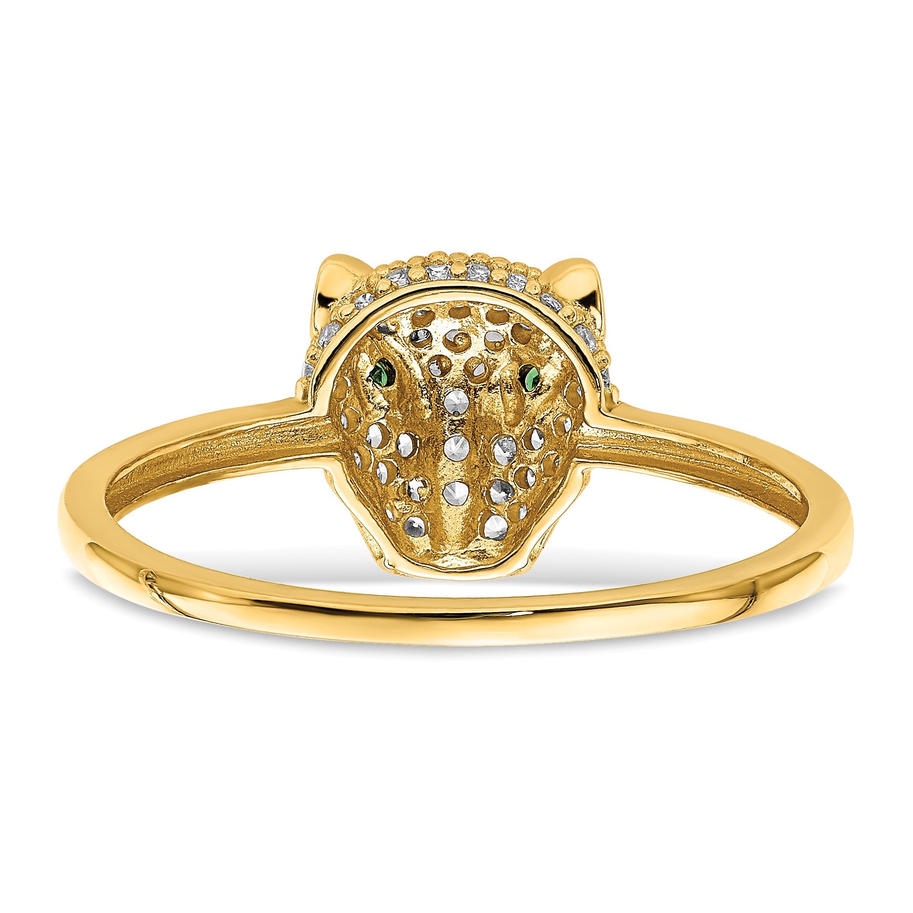 14K Polished Green and White CZ Lioness Head Ring