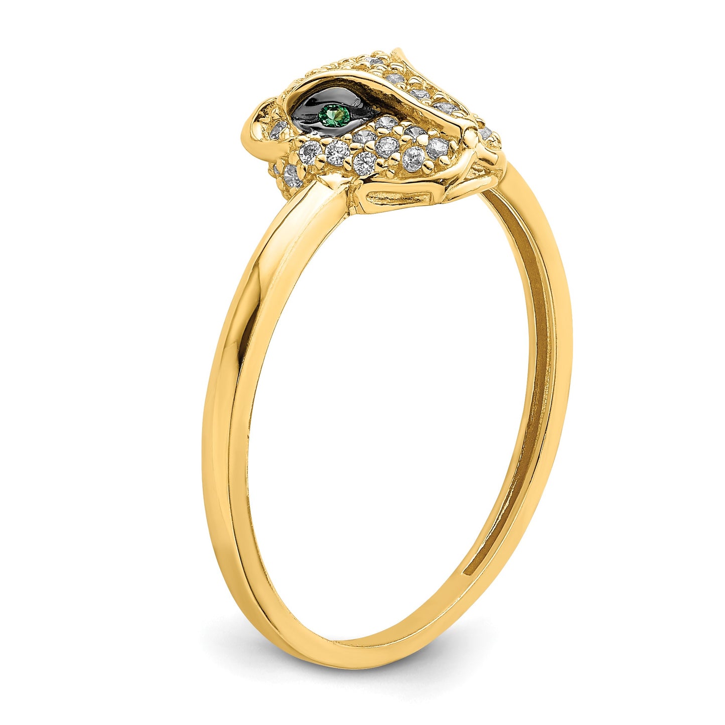 14K Polished Green and White CZ Lioness Head Ring