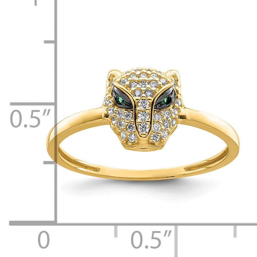 14K Polished Green and White CZ Lioness Head Ring