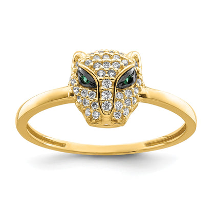 14K Polished Green and White CZ Lioness Head Ring