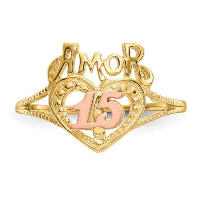 14k Two-Tone Quinceanera AMOR 15 Heart Ring