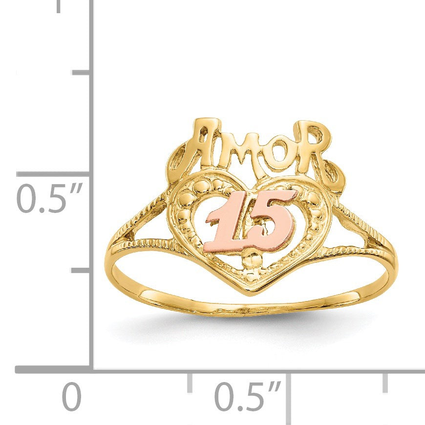 14k Two-Tone Quinceanera AMOR 15 Heart Ring
