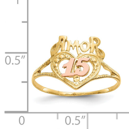 14k Two-Tone Quinceanera AMOR 15 Heart Ring