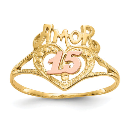 14k Two-Tone Quinceanera AMOR 15 Heart Ring