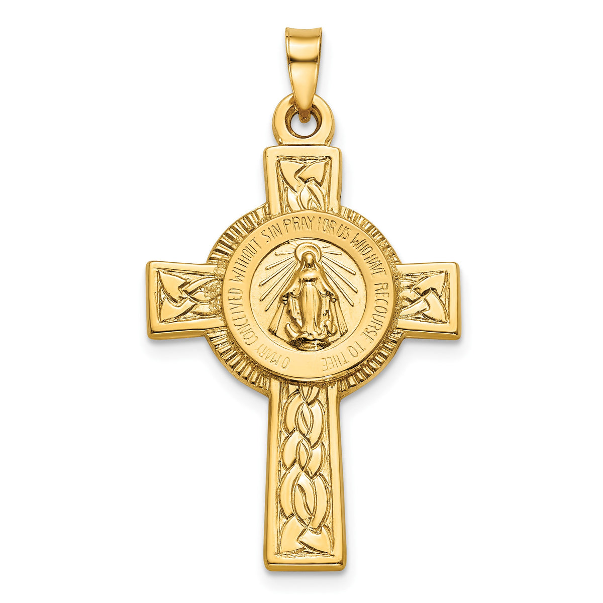 14k Polished Cross with Miraculous Medal Center Pendant