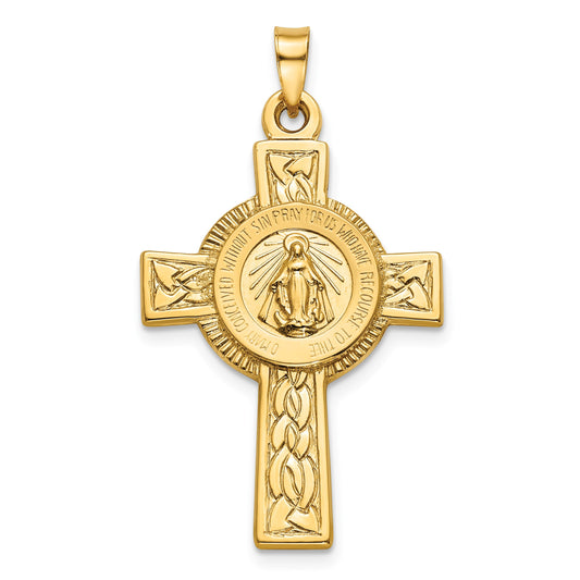 14k Polished Cross with Miraculous Medal Center Pendant