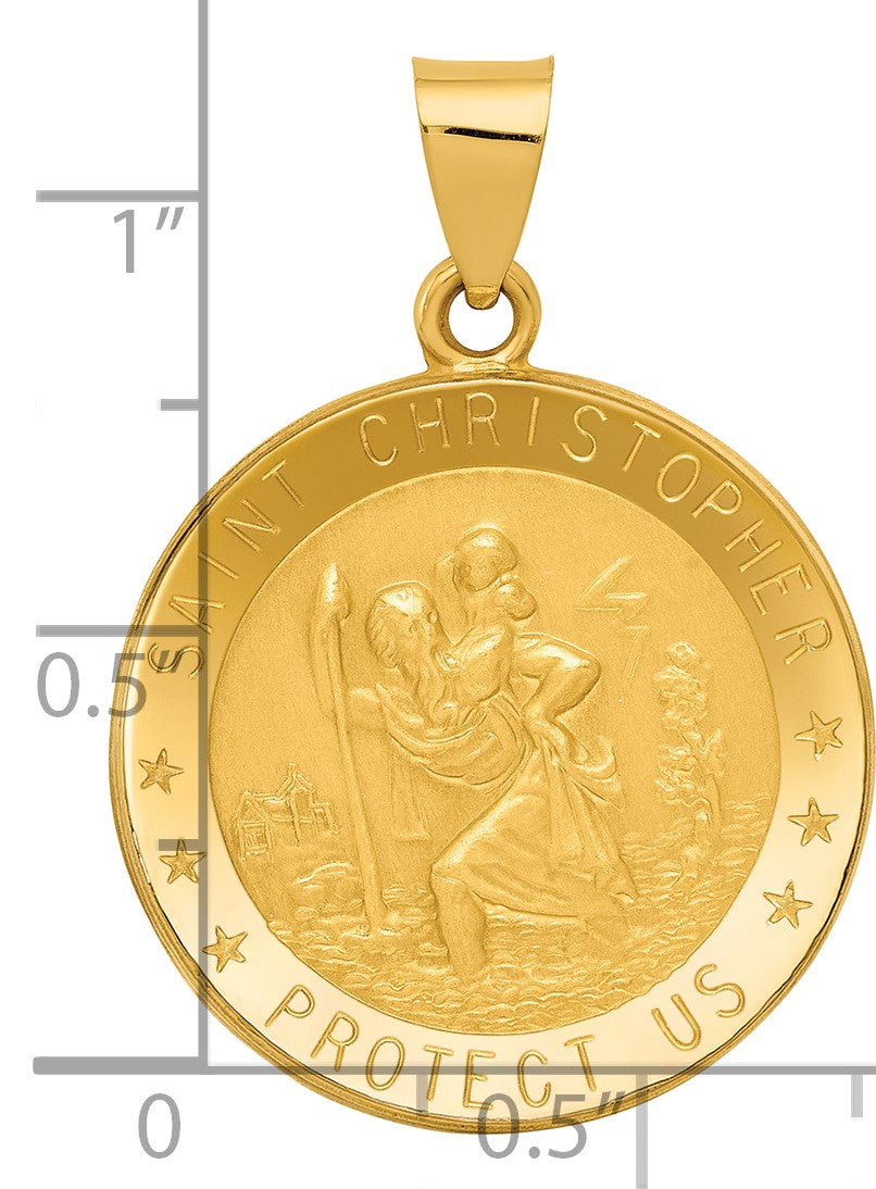 14k Polished and Satin Hollow Saint Christopher Medal Round Pendant
