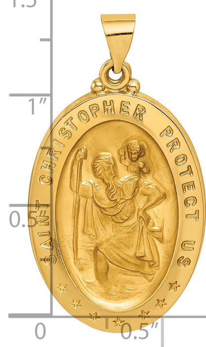 14k Polished and Satin Hollow Saint Christopher Medal Oval Pendant