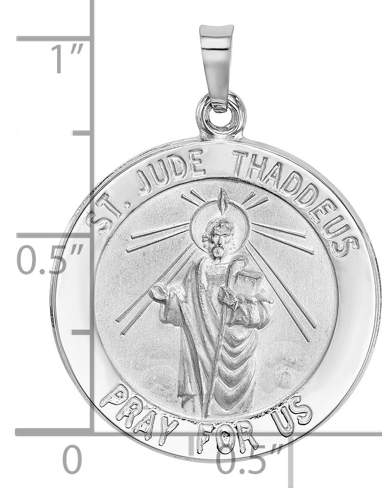 14k White Gold Polished and Satin Solid Saint Jude Thaddeus Medal Round Pendant