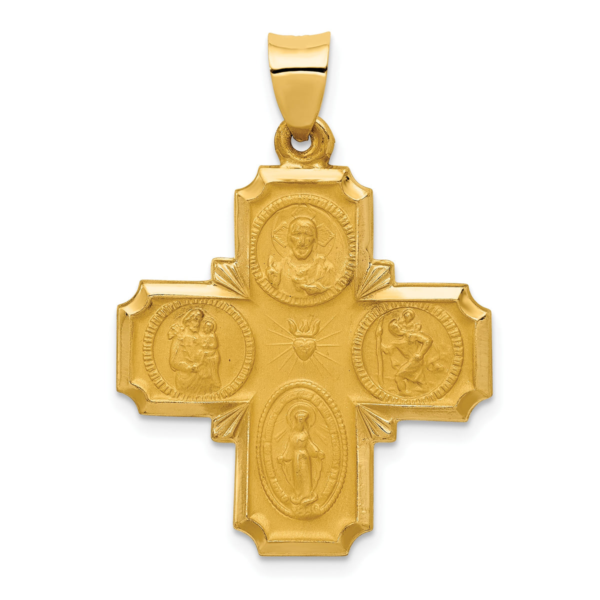 14k Polished and Satin Hollow Four-Way Religious Medal Pendant