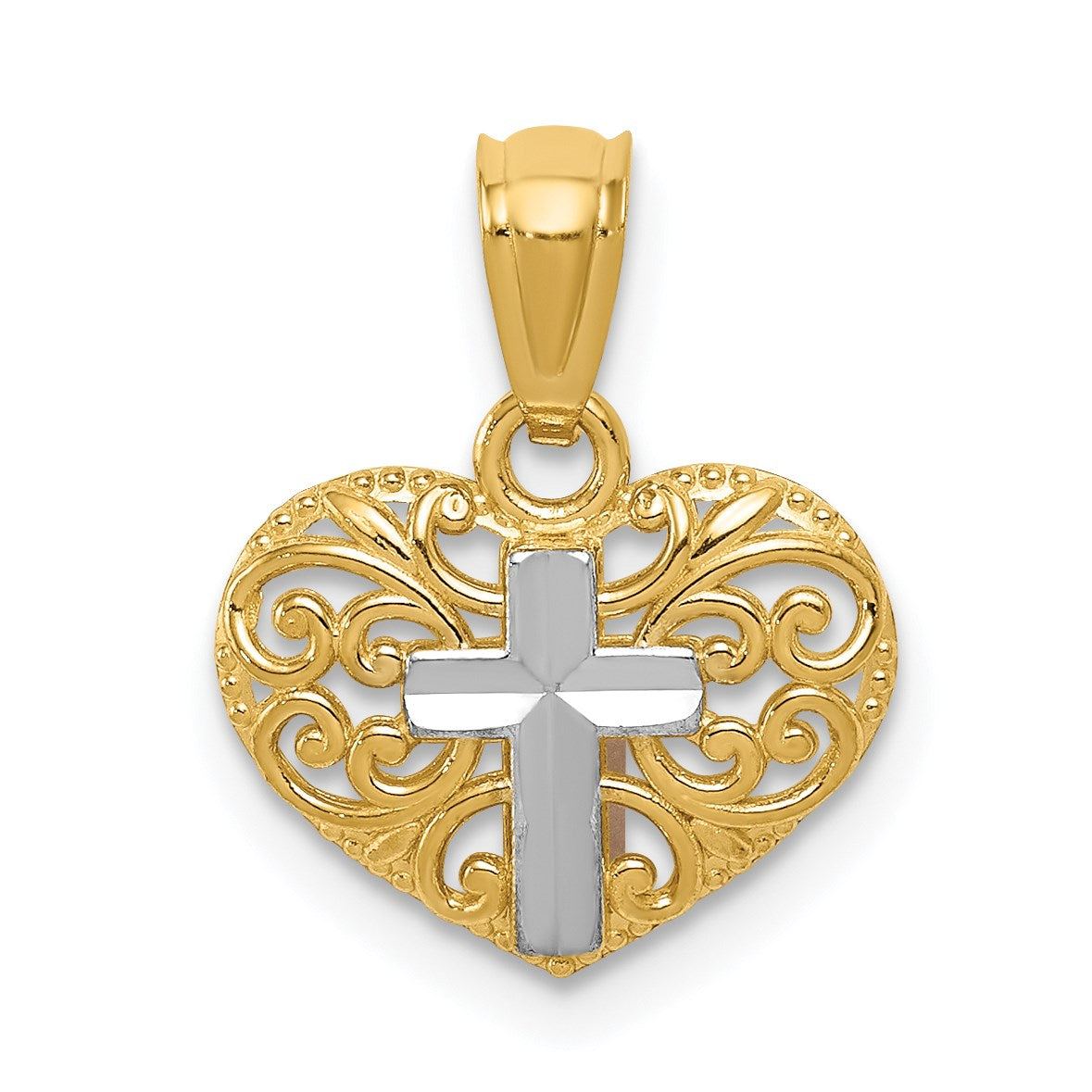 14k and White Rhodium Cross in Filigree Heart Pendant