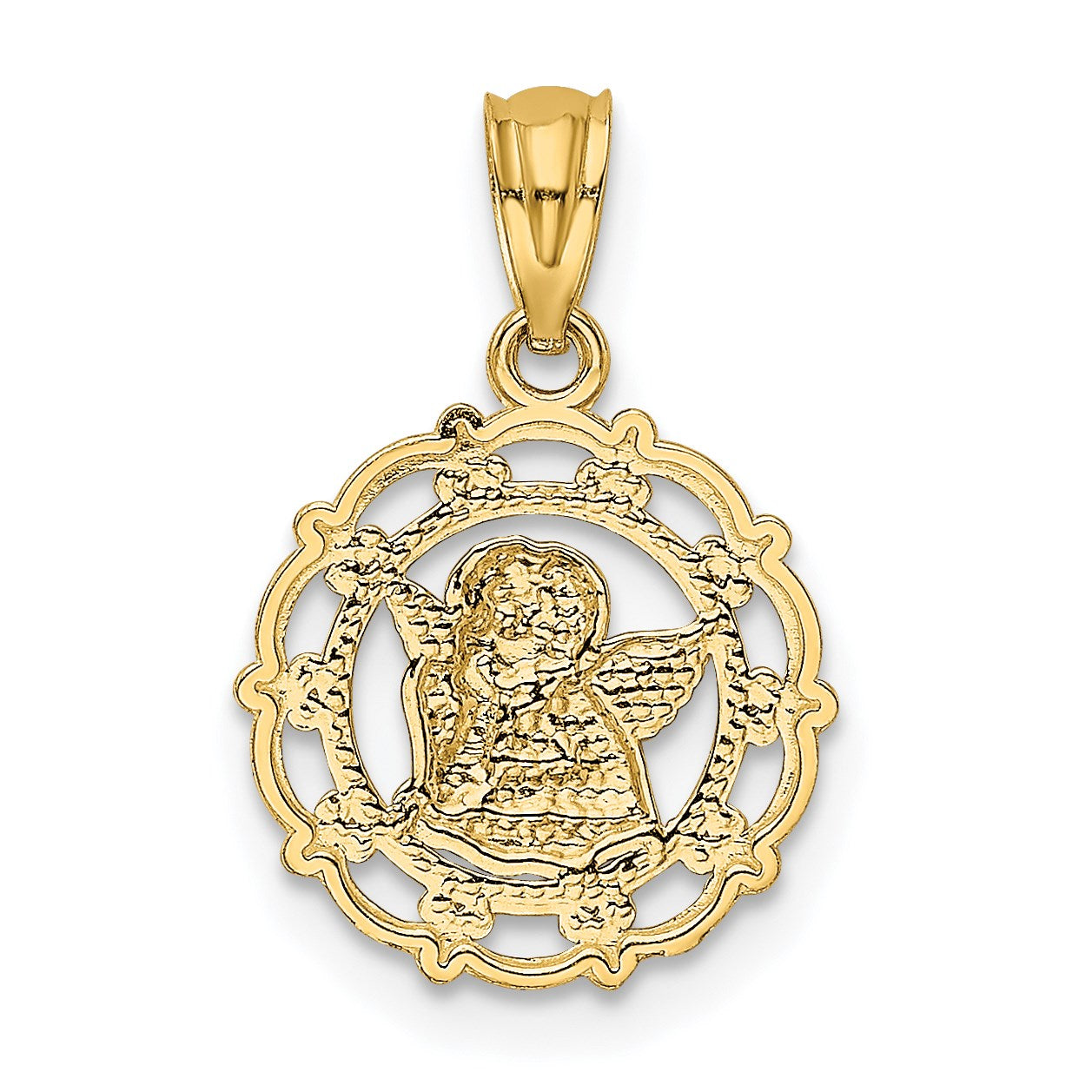 14k and White Rhodium Scalloped Frame Cherub Round Pendant
