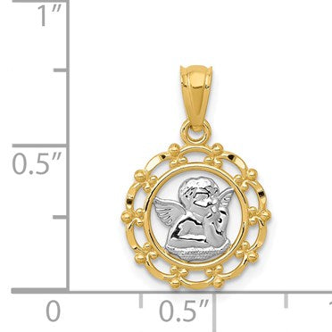 14k and White Rhodium Scalloped Frame Cherub Round Pendant