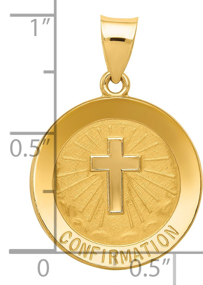 14k Polished and Satin Hollow CONFIRMATION with Cross Medal Round Pendant