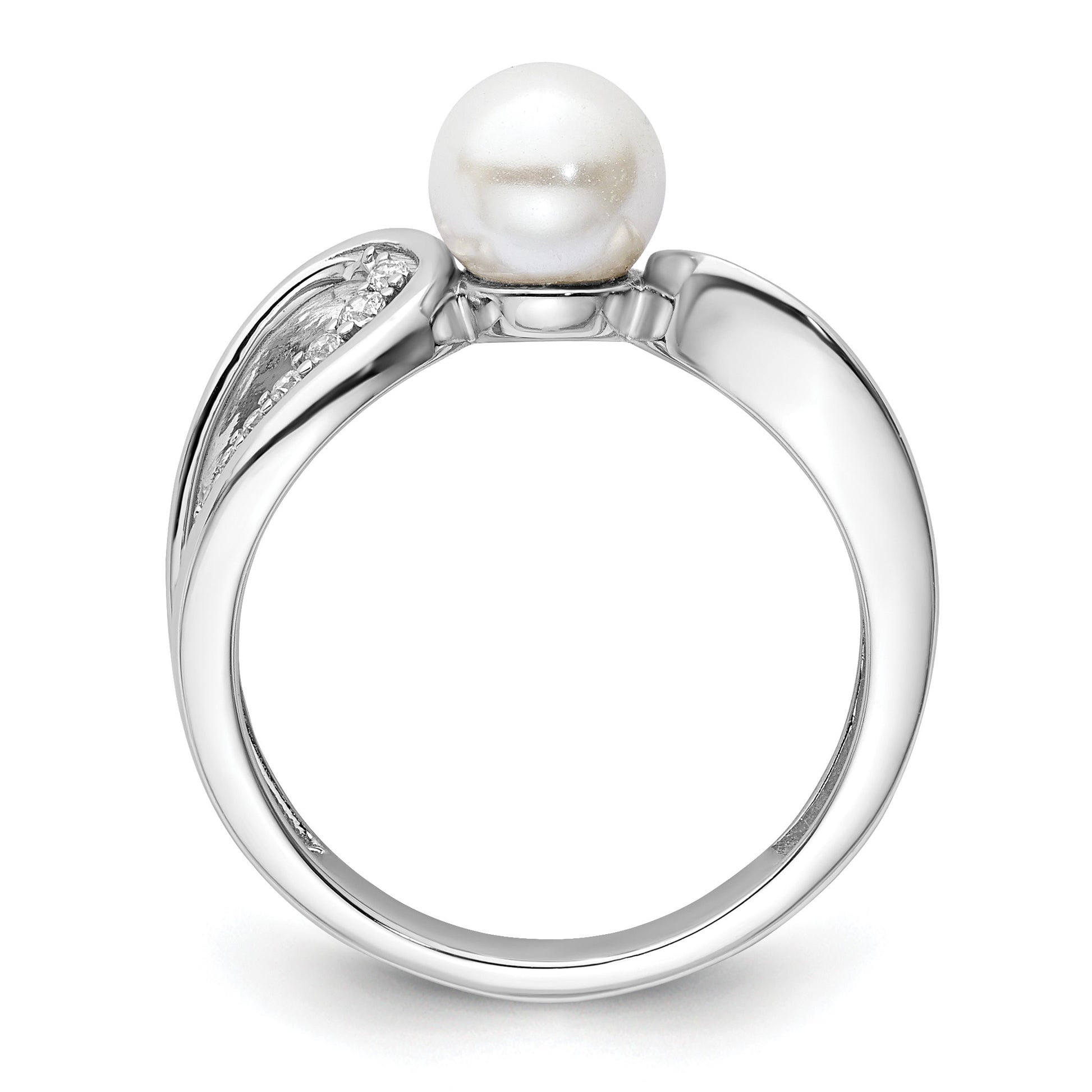 14K White Gold Polished 1/8 carat Diamond and White Freshwater Cultured Pearl Size 7 Ring