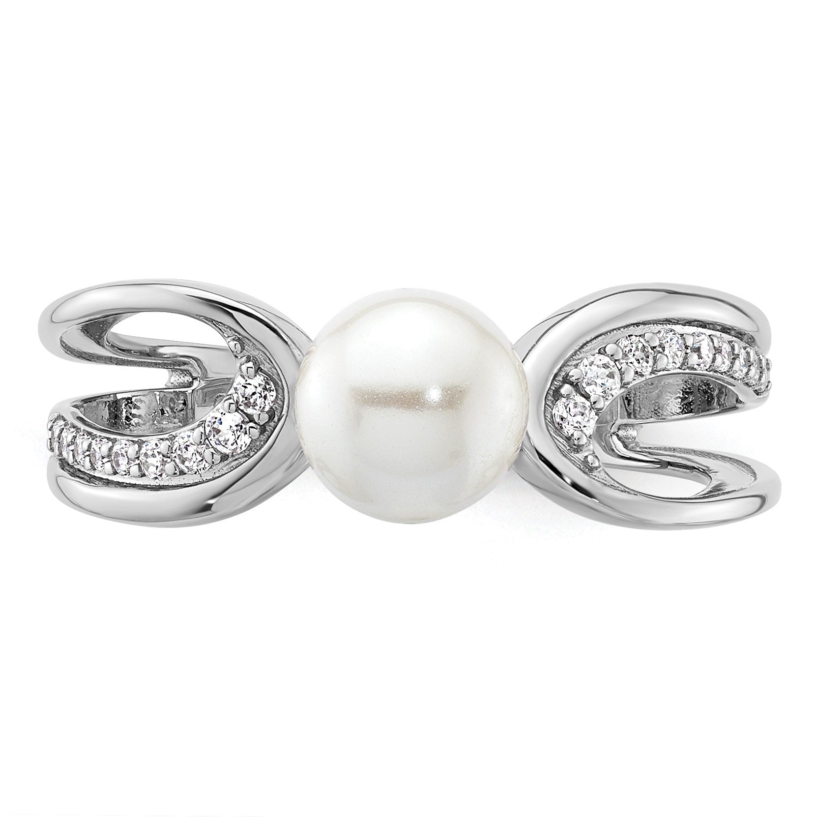 14K White Gold Polished 1/8 carat Diamond and White Freshwater Cultured Pearl Size 7 Ring