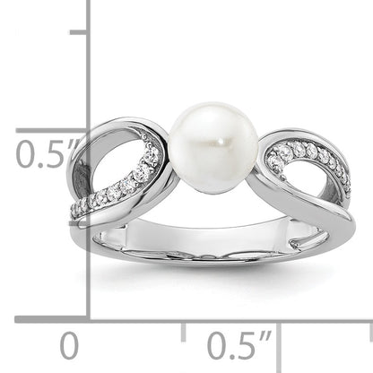 14K White Gold Polished 1/8 carat Diamond and White Freshwater Cultured Pearl Size 7 Ring